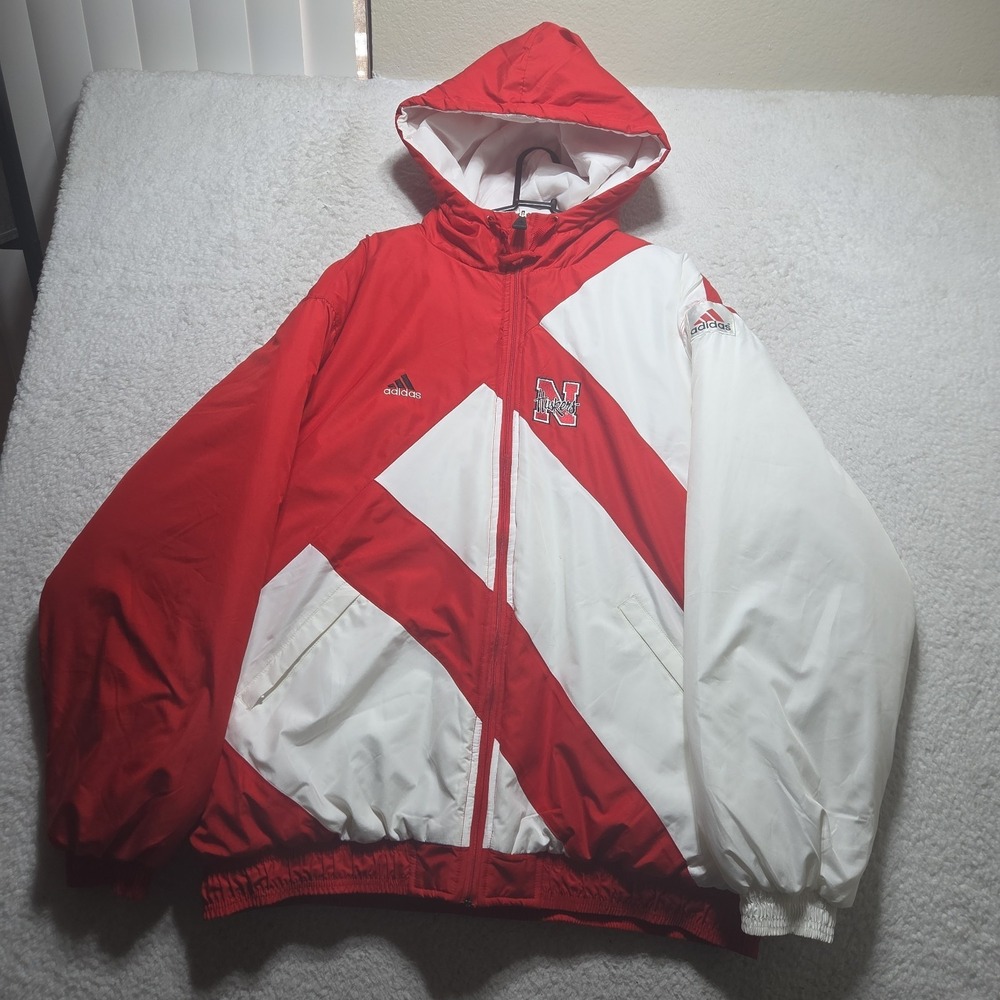 Vintage 90s Nebraska Cornhuskers Jacket Mens XL Red Adidas Hooded Quilted Logo